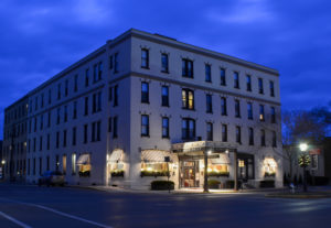 Historic hotel building at night