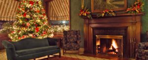 Hotel lobby with fireplace and Christmas tree