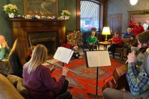 Musicians playing in a hotel lobby